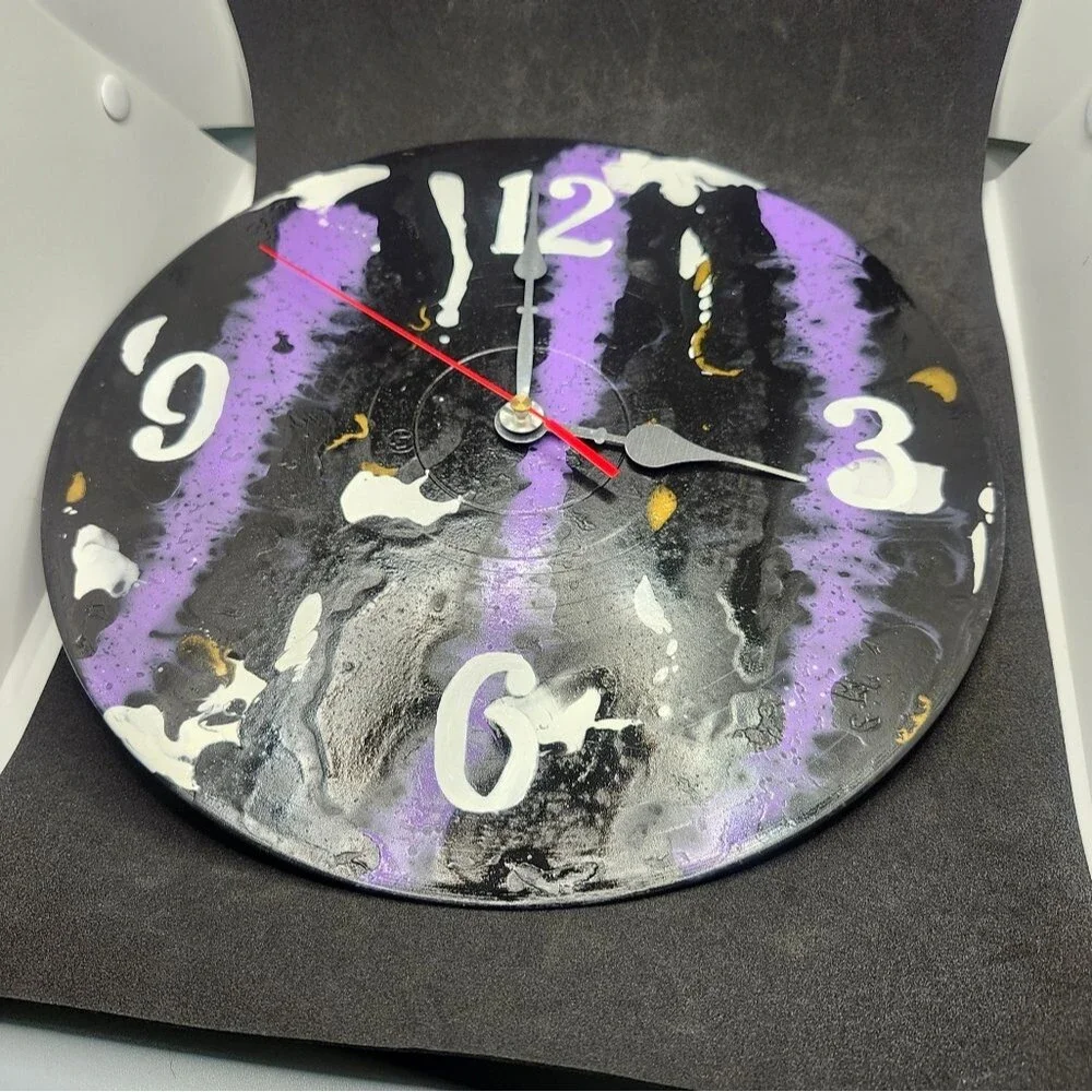Hand Crafted Abstract Hanging Wall Clock Analog Vinyl Record Fluid Art Decor
